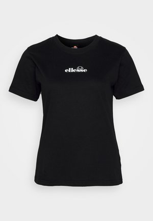 Zwarte katoenen t-shirt met korte mouwen, met een wit logo op de borst. Eenvoudige ronde halslijn en rechte zoom.
