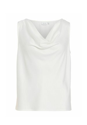 Biała bluzka bez rękawów z drapowanym dekoltem typu komin, wykonana z gładkiej tkaniny, z metką "VILA" wewnątrz kołnierzyka.