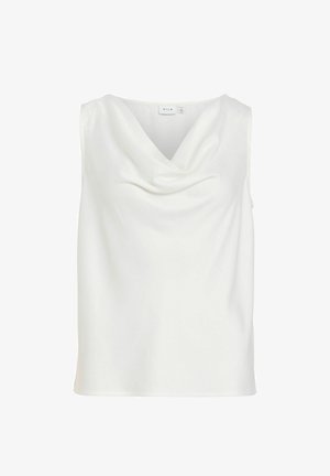 Biała bluzka bez rękawów z drapowanym dekoltem typu komin, wykonana z gładkiej tkaniny, z metką "VILA" wewnątrz kołnierzyka.