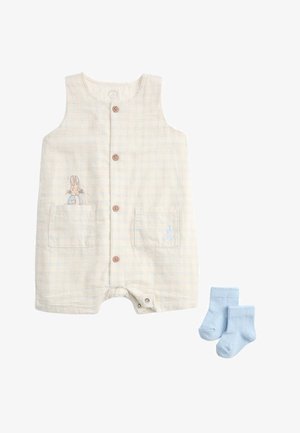 Kremowy krótkorękawowy kombinezon w niebieską kratę, z drewnianymi guzikami, dwoma przednimi kieszeniami z wyszywanym króliczkiem, w zestawie z małymi niebieskimi skarpetkami.