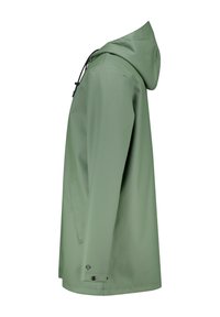 Green waterproof jacket with a hood, featuring a smooth texture, adjustable drawstring, and side pockets. Simple, minimalistic design.