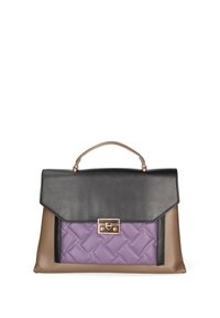 Borsa strutturata con patta in pelle nera, parte anteriore intrecciata in viola e lati in taupe. Presenta dettagli in oro e una maniglia superiore per il trasporto.