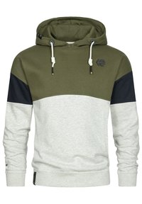 Hættebluse med farveblokdesign i olivengrøn, marineblå og lysegrå. Fremstillet af blødt stof med snore og logo.