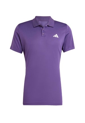 Polo shirt violet en tissu lisse, avec un col classique, deux boutons, des manches courtes et un logo blanc sur la poitrine gauche.
