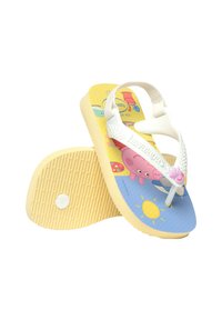 Tongs avec un imprimé graphique bleu et jaune mettant en avant des personnages de dessin animé. Fabriquées en caoutchouc, avec une semelle texturée et des sangles blanches.