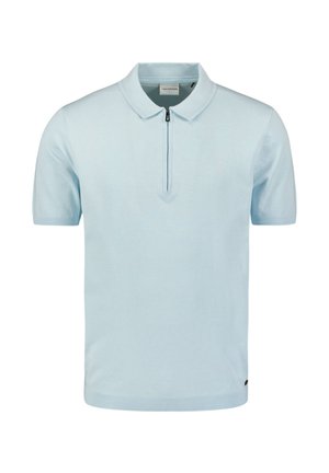 Lichtblauw polo-shirt met korte mouwen, gemaakt van een gladde stof. Beschikt over een ritskraag en een klein logo-detail vlakbij de zoom.