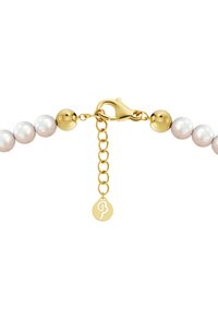 Gold clasp with a chain and tag connecting to a string of round, iridescent pearls. The closure features a lobster clasp design.