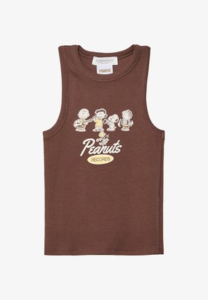 Canottiera in cotone marrone con una grafica che mostra personaggi dei Peanuts che suonano strumenti, con la scritta "Peanuts Records" in giallo.