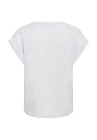 T-shirt gris clair à manches courtes avec un col rond, vu de dos, présentant une coupe décontractée et des manches légèrement retroussées.