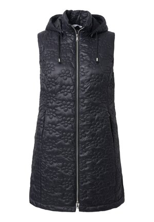 Schwarze ärmellose Steppweste mit floralem Stich, Frontreißverschluss, Kapuze mit Kordelzügen und seitlichen Taschen.