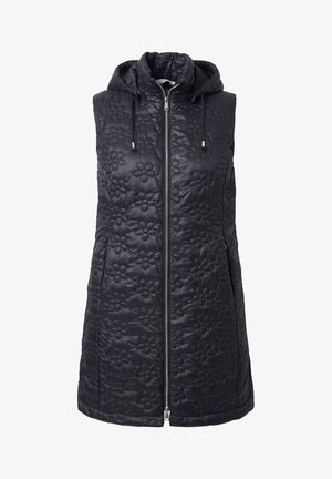 Czarna bezrękawnikowa kamizelka pikowana z kwiatowym haftem, z przodu na zamek błyskawiczny, z kapturem ze sznurkiem i bocznymi kieszeniami.