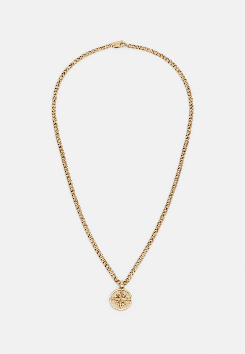 Zlatý náhrdelník s řetězcem ve tvaru kruhu, zdobený kompasovým motivem. Řetěz je texturovaný s propletenými články.