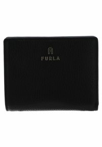Portefeuille en cuir noir à texture granuleuse, affichant un logo "FURLA" embossé en doré sur le devant et un design rectangulaire simple.