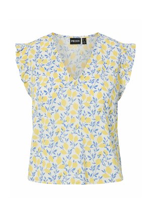 Blusa bianca con motivo di limoni gialli e foglie blu, scollo a V e maniche corte arricciate.