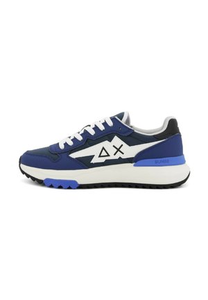 Blue and white sneakers featuring a geometric design, made of synthetic material with a textured rubber sole and padded collar.