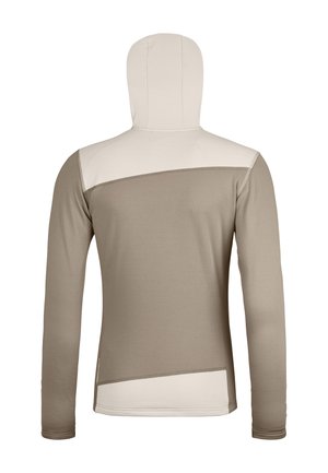 Hooded long-sleeve shirt in beige and cream. Features a color-block design with textured sleeves and smooth body. No visible logo.