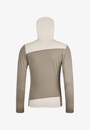 Hoodie mit langen Ärmeln in Beige und Creme. Verfügt über ein Farbblock-Design mit strukturierten Ärmeln und glattem Körper. Kein sichtbares Logo.