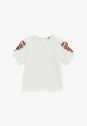 Top alb cu mânecă scurtă și puffuri, având broderie florală maro pe umeri. Material texturat cu deschidere în formă de cheie la spate.