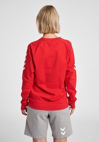 Rode katoenen sweatshirt met lange mouwen, raglanontwerp en witte chevronaccenten op de mouwen. Gecombineerd met grijze shorts met witte chevrondetails.