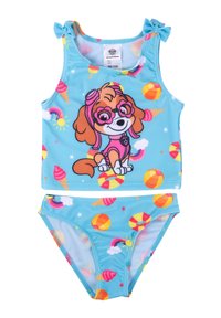 Blue two-piece swimsuit with cartoon dog wearing pink goggles, decorated with rainbows, ice cream cones, beach balls, and stars.