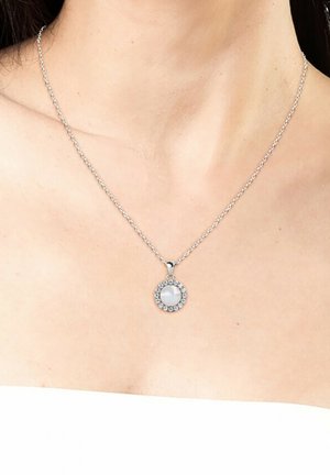 Collana in argento con un pendente rotondo, caratterizzato da una pietra bianca centrale circondata da un'ornamentazione circolare di piccoli brillanti trasparenti.