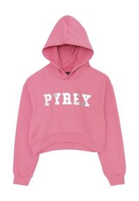 Cappuccio corto rosa con maniche lunghe e cappuccio, caratterizzato da una scritta argentata lucida "PYREX" sul petto.