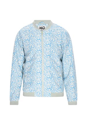 Világoskék, könnyű bomber dzseki virágmintával, cipzáras záródású, bordázott mandzsettákkal és aljjal, ellentétes világosszöld gallérral.
