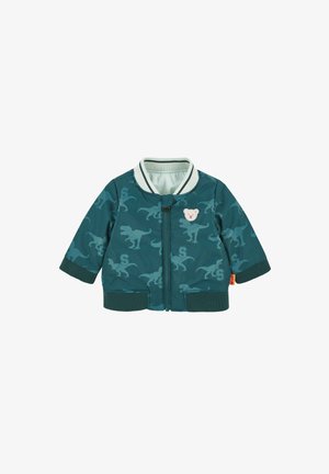 Teal toddler jacket with all-over dinosaur print, ribbed cuffs and collar, front zipper, and small teddy bear patch on chest.