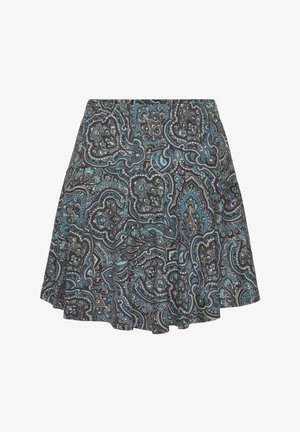 Ausgestellter Rock in Dunkelbraun mit einem Paisleymuster in Blau und Weiß. Weicher Stoff mit elastischem Bund und fließendem Design.