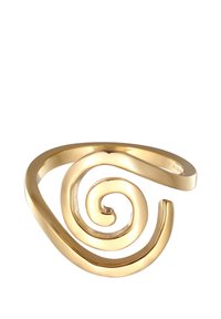 Goldene, spiralförmige Ring mit glatten, geschwungenen Linien und einer polierten Oberfläche. Das Design umfasst eine markante zentrale Spirale mit einem offenen Band.