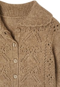 Beige knitted cardigan featuring a ribbed collar, four buttons, and diamond-pattern detailing throughout the fabric texture.