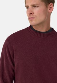 Burgundský svetr s kulatým výstřihem, strukturovaným pleteným vzorem a žebrovaným límcem, s dlouhými rukávy a pravidelným střihem.