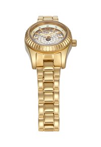 Gouden polshorloge met een gestructureerde bezel en een schakelenkarmband. De wijzerplaat heeft een gegarneerde achtergrond en kristalaccenten.