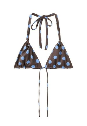Hnedý trojuholníkový bikiny top s veľkými svetlomodrými bodkami, s viazaním na krku a na chrbte.