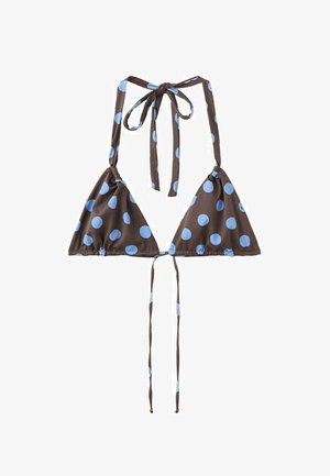 Brown triangle bikini top with large light blue polka dots, featuring neck and back tie closures.