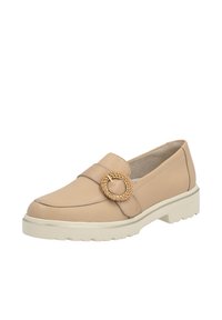 Beige kožené loafers s kulatou špičkou a splétaným kruhovým detailem. Mají silnou, texturovanou bílou platformu.