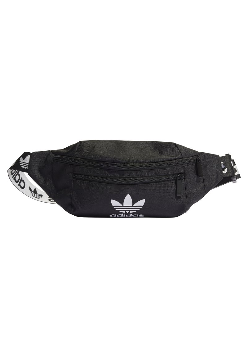 Sacoche Adidas noire avec deux compartiments zippés et une sangle réglable imprimée du logo.