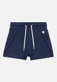 Σκούρο μπλέ βαμβακερά σορτς με ελαστική μέση και κορδόνι. Διαθέτει ένα μικρό κεντητό λογότυπο στο μπροστινό μέρος. Λείος υφές, χαλαρός σχεδιασμός.