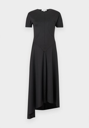 Black dress with short sleeves, high neckline, asymmetrical hem, fitted bodice, and smooth, slightly stretchy fabric.