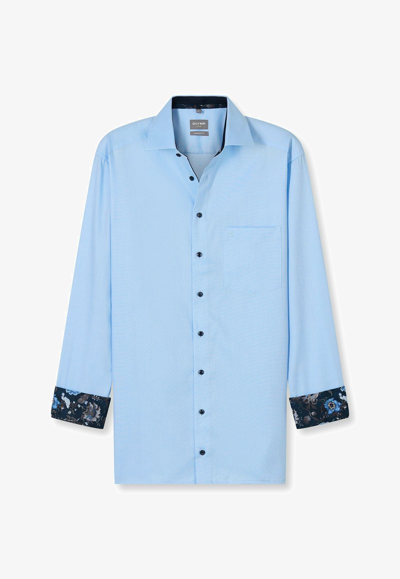 Himmelblaues Langarmhemd mit Knopfleiste, schwarzen Knöpfen und einem gemusterten dunklen Bund. Es hat eine Brusttasche und eine weiche Textur.