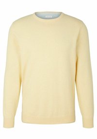 Light yellow knit sweater with a crew neck, long sleeves, ribbed cuffs, and hem. Features a subtle logo on the chest. Soft texture.
