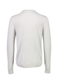 Jasnoszary, długi sweter z długim rękawem, z wykończeniem ściągaczem przy kołnierzu i mankietach, wykonany z gładkiego materiału. Posiada dopasowany krój z okrągłym dołem.