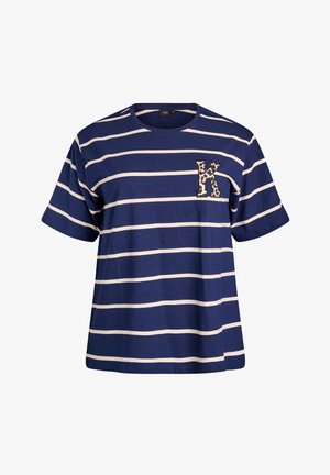 Navy blue striped t-shirt with white horizontal stripes, short sleeves, and a leopard print letter "K" appliqué on the left chest.