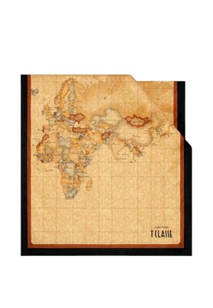 Design di una mappa del mondo in beige e marrone, con cartografia dettagliata, linee della griglia e un bordo nero con un'accensione arancione.