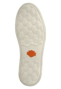 White rubber shoe sole featuring a hexagonal texture and a prominent orange Harley-Davidson logo in the center. Rounded edge design.