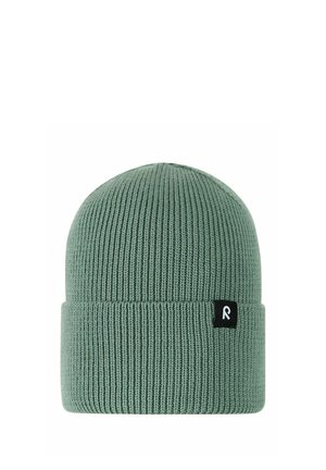 Grüne gerippte Strickmütze mit umgeschlagenem Bündchen und kleinem schwarzem Etikett mit weißem Logo an der Seite.