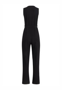 Jumpsuit nero a coste con design senza maniche, vita cintrata con dettaglio a fiocco e pantaloni a gamba ampia. Il tessuto testurizzato crea dimensione.