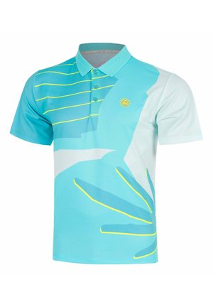 Polo turquoise à manches courtes pour homme avec col boutonné, accents de lignes jaunes et design graphique abstrait bleu et blanc.
