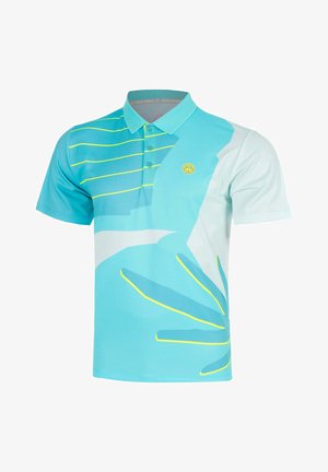 Polo da uomo turchese a maniche corte con collo con bottoni, dettagli gialli a linee e design grafico astratto blu e bianco.