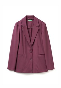 Blazer viola scuro realizzato in tessuto liscio, con rever a scollo a V, chiusura a due bottoni e due tasche frontali con dettagli a welt.